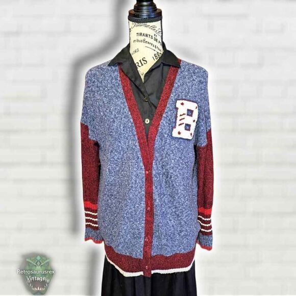 Y2K Retro Preppy Twee Letterman Jacket Style Long cardigan Sweater, Oversized Sm - Picture 6 of 6